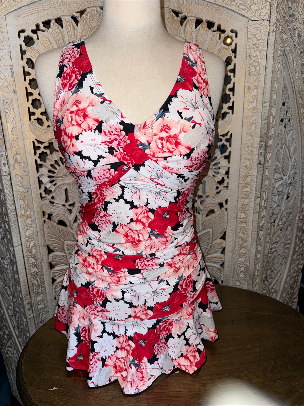 Floral V-Neck One-Piece Swimdress in Red & White